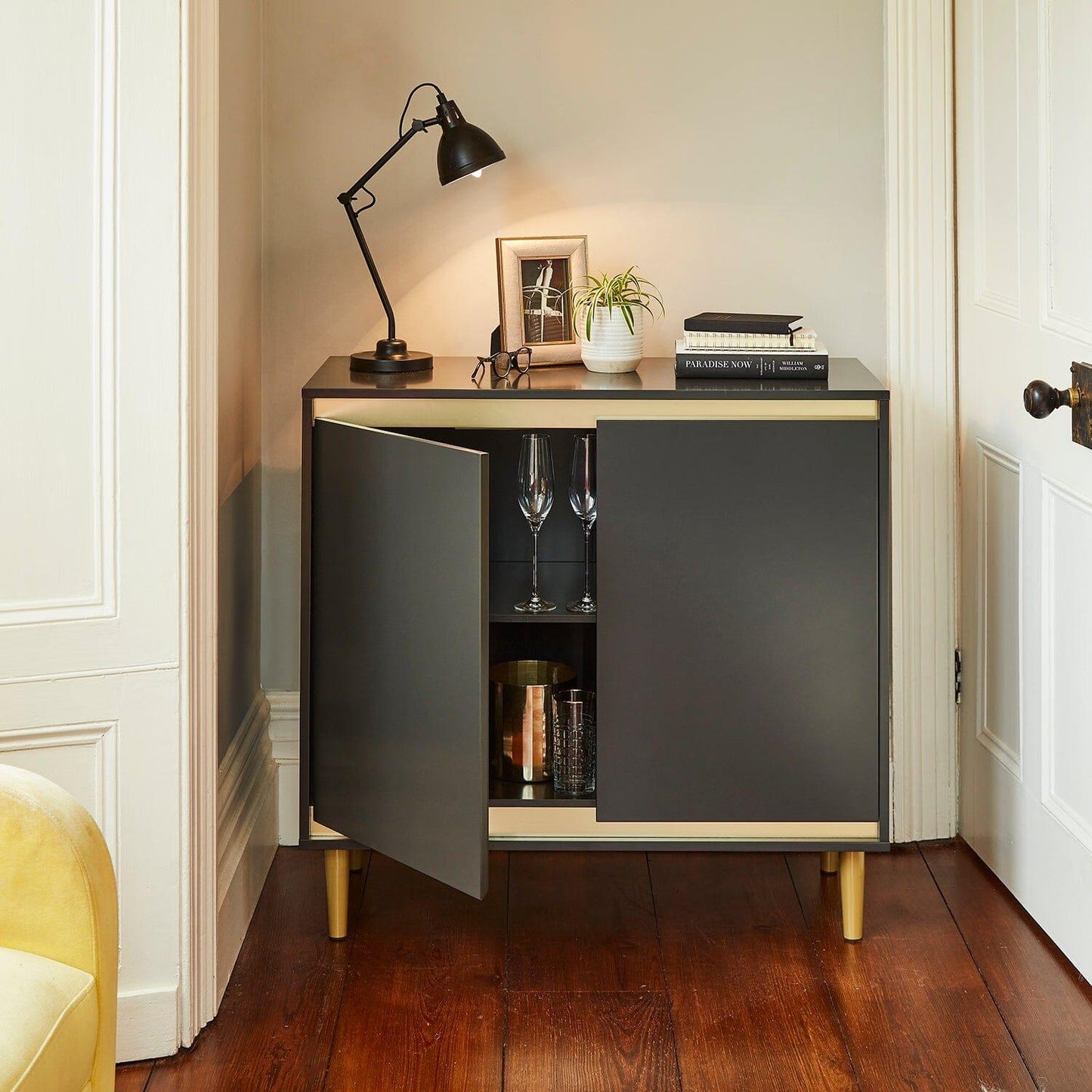 Iliana 2 Door Small Sideboard - Charcoal Grey & Gold Legs